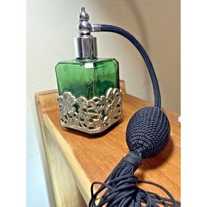 L.W. Rice & Co. Green Glass Perfume Bottle Atomizer Vintage Floral Cage
